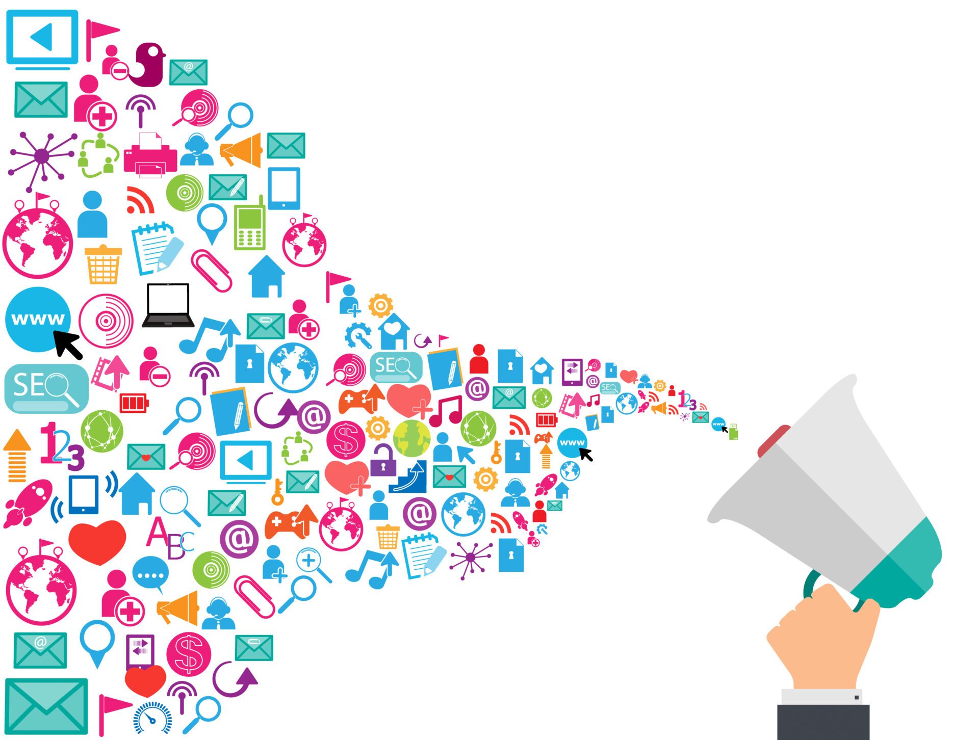 Megaphone and cloud technology with social network icons backgro Megaphone and cloud technology with social network icons background